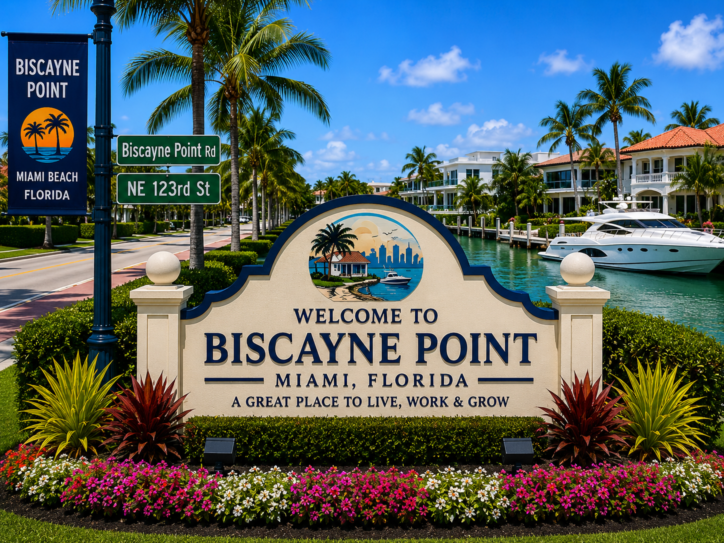 Biscayne Point luxury waterfront real estate, upscale island homes, Miami Beach waterfront properties, tropical coastal living, and exclusive Miami neighborhood during daytime