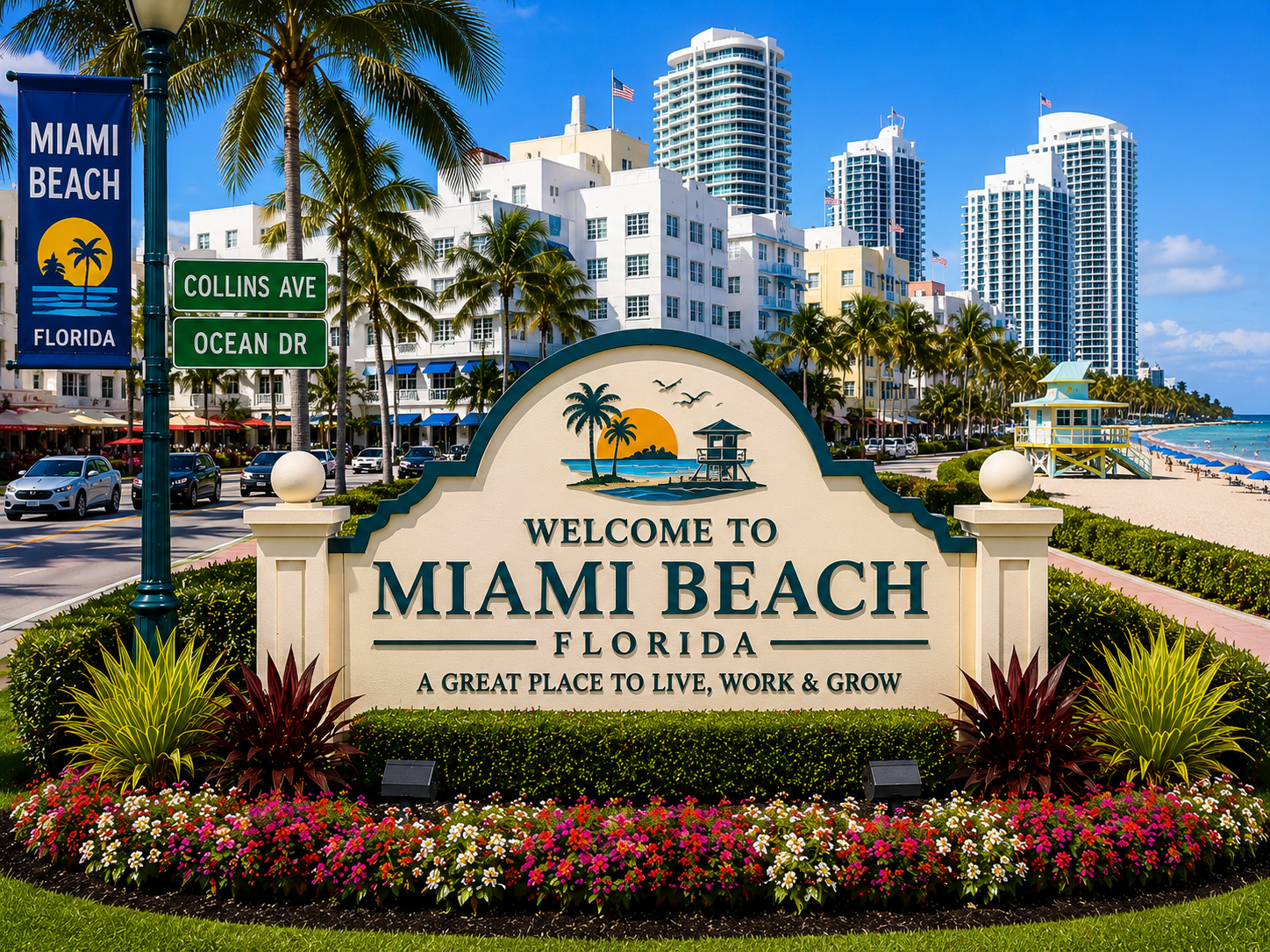 Miami Beach luxury oceanfront real estate, beachfront condominiums, upscale coastal homes, tropical lifestyle, Art Deco district, and Miami Beach skyline during daytime