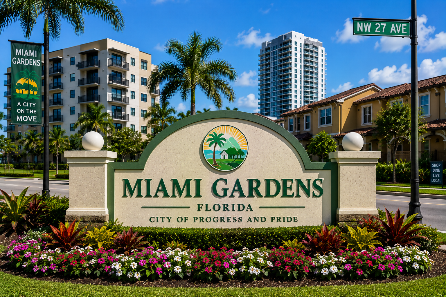 Miami Gardens residential real estate, apartment buildings, homes, and urban community living during daytime