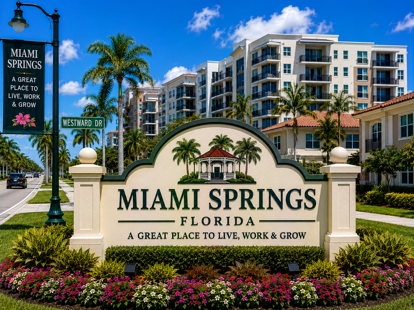 Miami Springs residential real estate, condos, homes, and centrally located suburban living during daytime