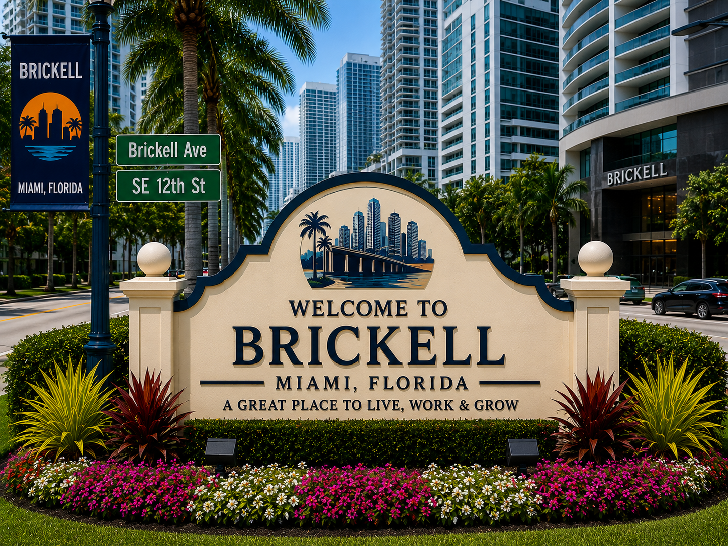 Brickell Miami luxury high-rise real estate, upscale condominiums, modern urban residences, Miami financial district skyline, and luxury city living during daytime