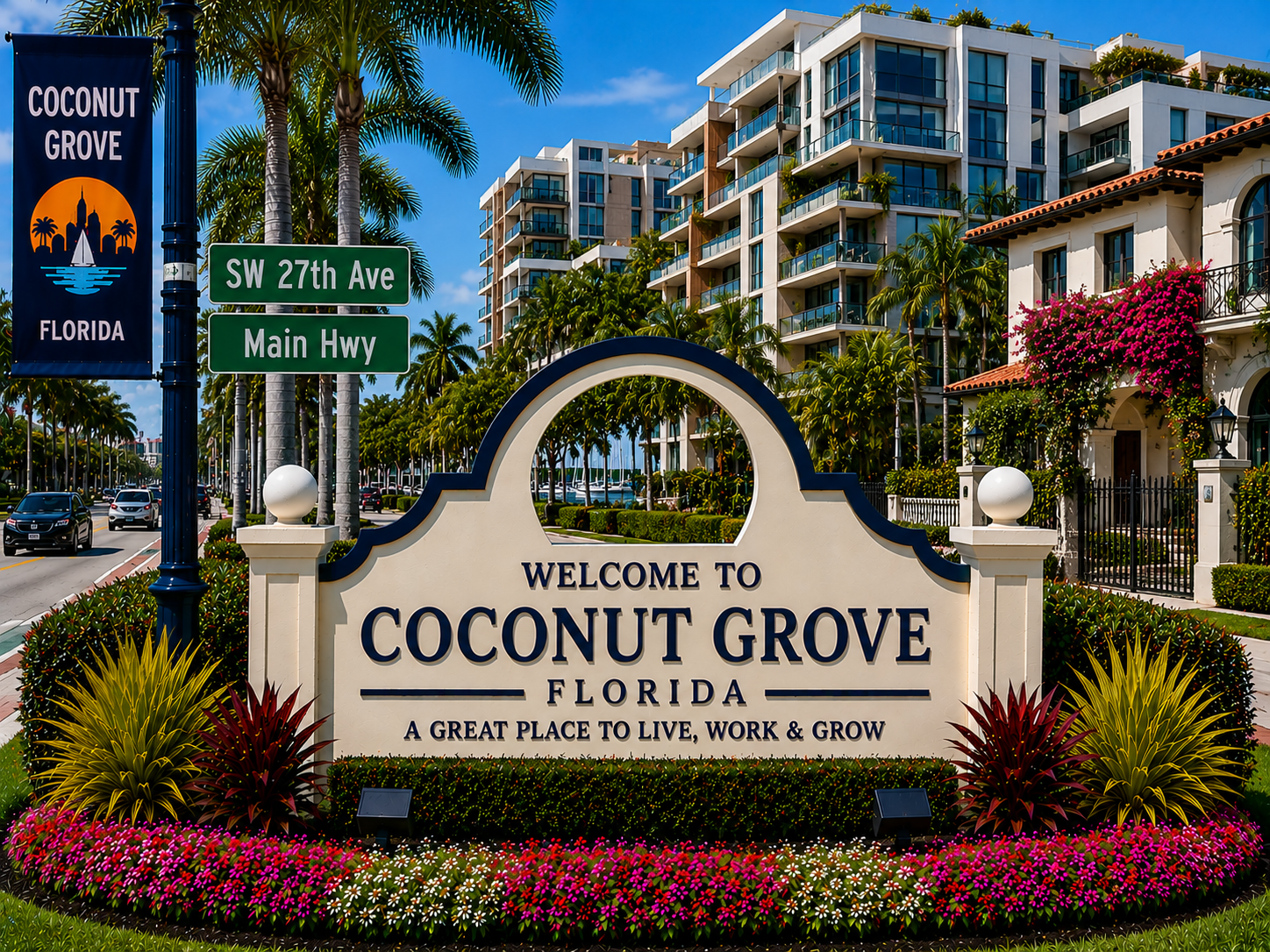 Coconut Grove Miami luxury real estate, waterfront residences, upscale condominiums, tropical residential homes, bayfront living, and luxury Miami neighborhood during daytime