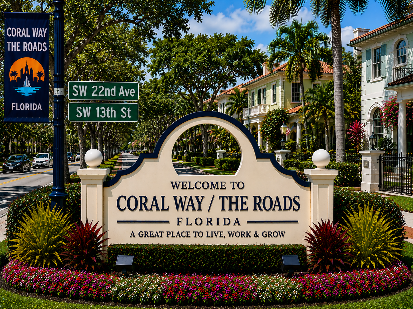 Coral Way The Roads Miami real estate, elegant residential homes, tree-lined streets, historic Miami neighborhood, upscale residential living, and central Miami homes during daytime