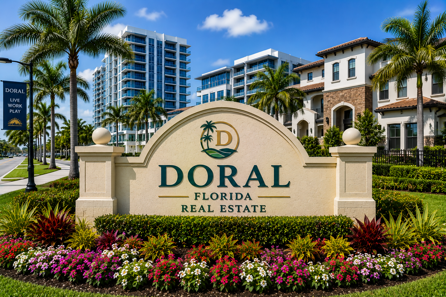 Doral Miami luxury residential real estate, modern apartment buildings, homes, and upscale urban living during daytime