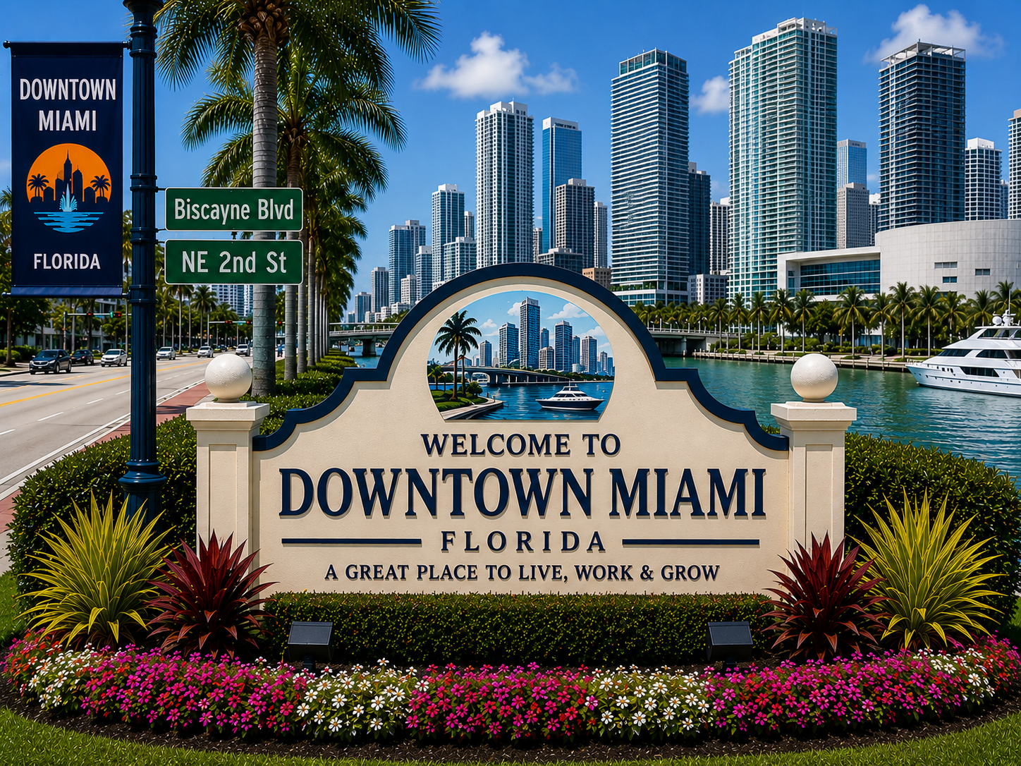 Downtown Miami luxury high-rise real estate, waterfront condominiums, urban skyline residences, Biscayne Bay city living, and modern Miami real estate during daytime