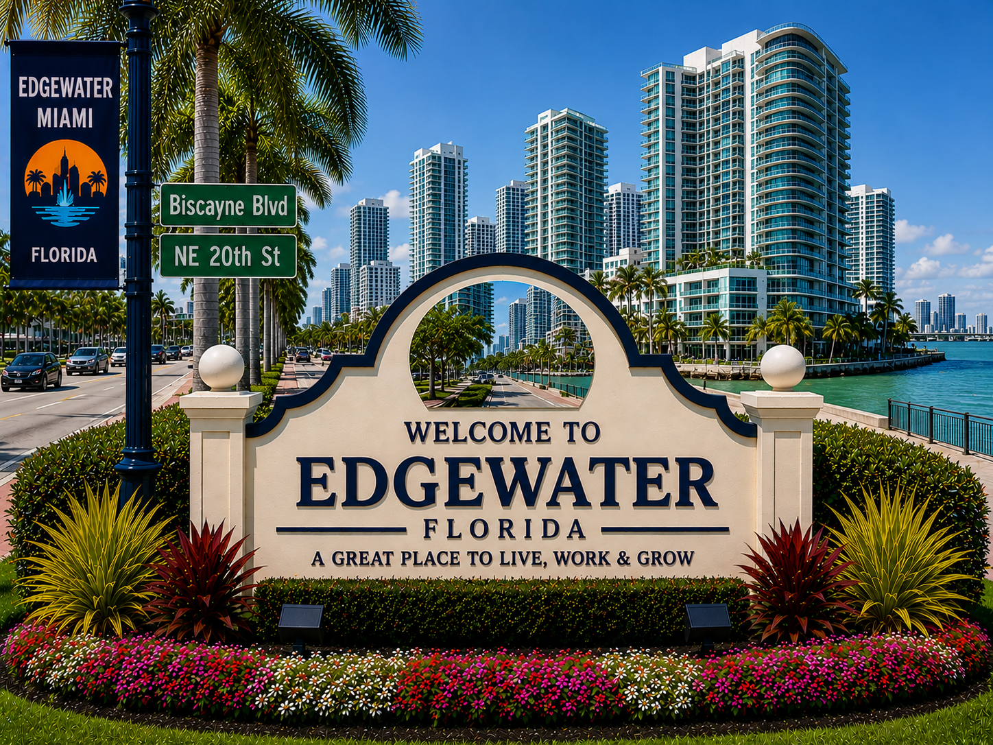 Edgewater Miami luxury waterfront real estate, high-rise condominiums, Biscayne Bay residences, modern urban homes, and upscale Miami waterfront living during daytime