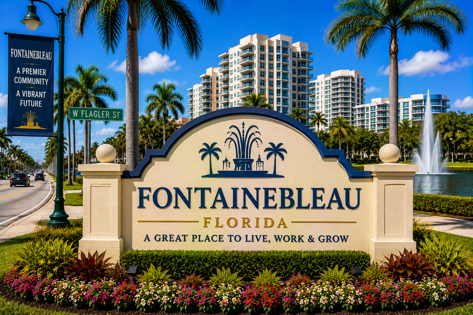 Fontainebleau Miami residential real estate, condos, apartments, and centrally located urban living during daytime