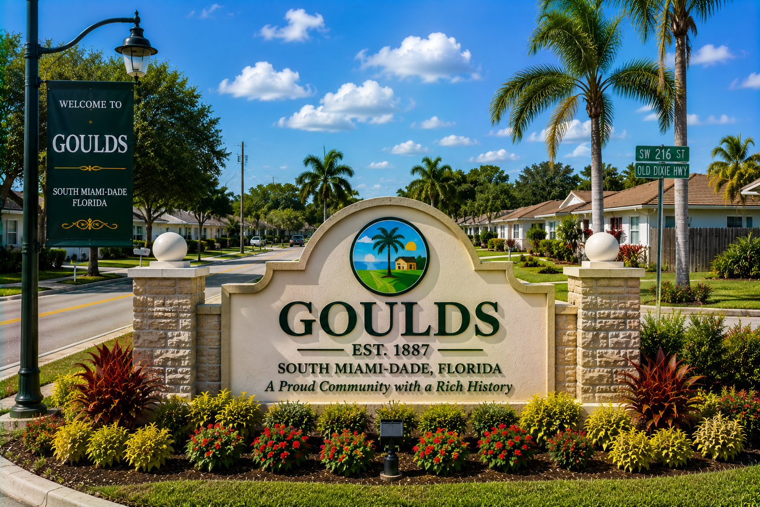 Goulds Miami residential real estate, homes, suburban community living, and South Miami-Dade neighborhood during daytime