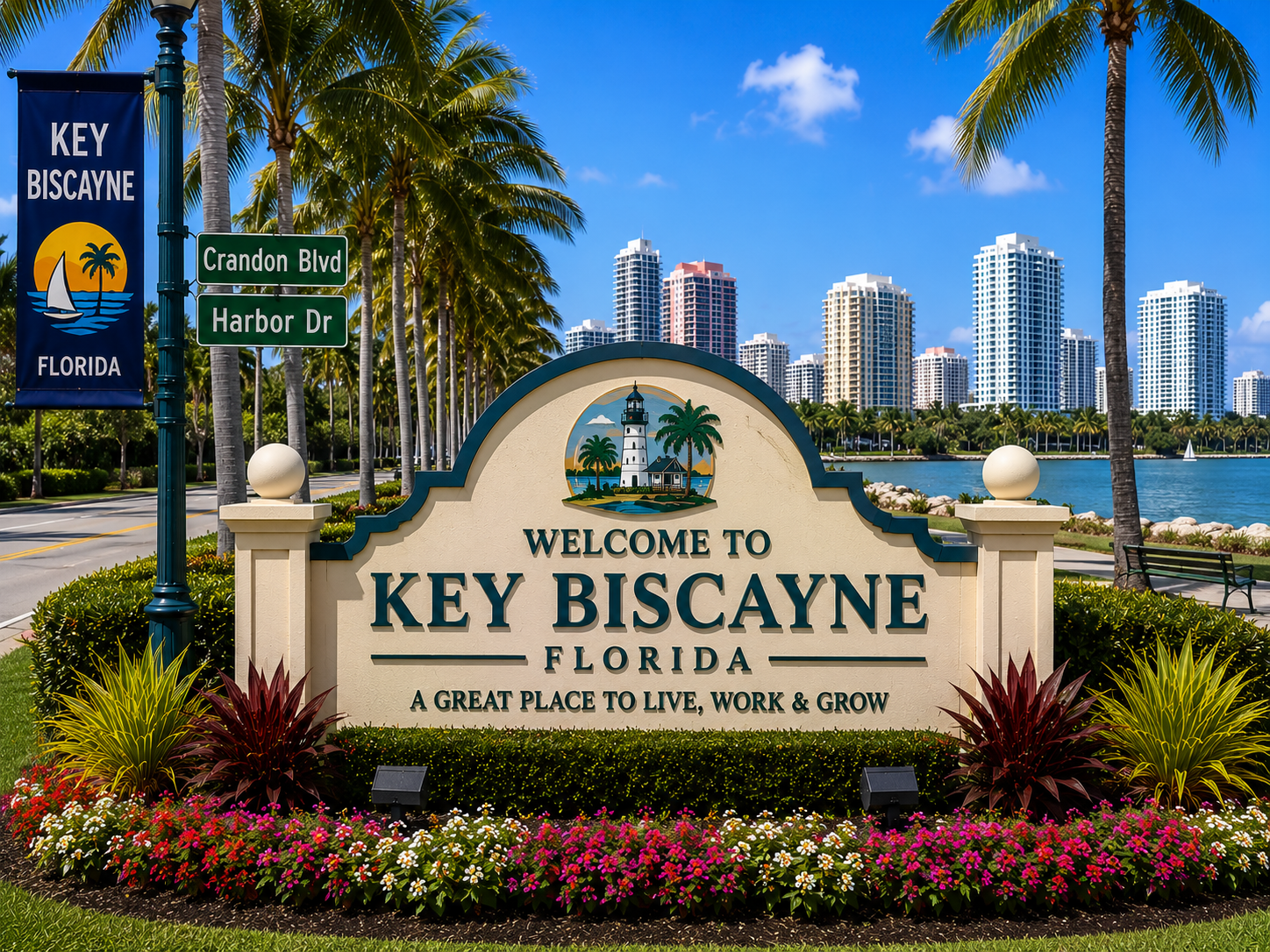 Key Biscayne luxury waterfront real estate, upscale island homes, beachfront condominiums, tropical coastal living, and Miami island community during daytime