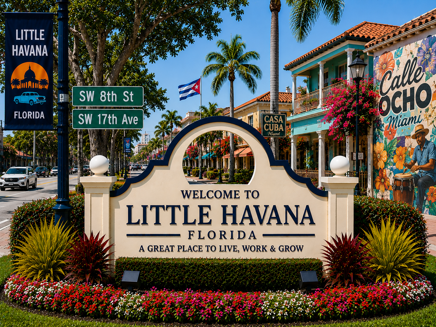 Little Havana Miami real estate, colorful residential homes, urban Miami neighborhood, historic community living, Calle Ocho district, investment properties, and Miami lifestyle during daytime