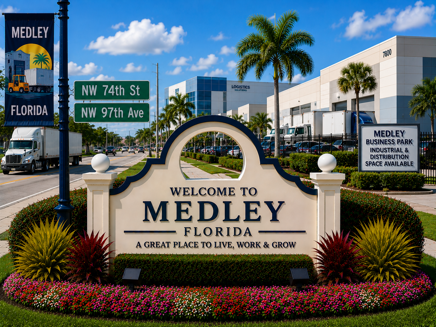 Medley Miami commercial real estate, industrial warehouses, logistics properties, business park real estate, distribution centers, warehouse space, and commercial property in Miami during daytime