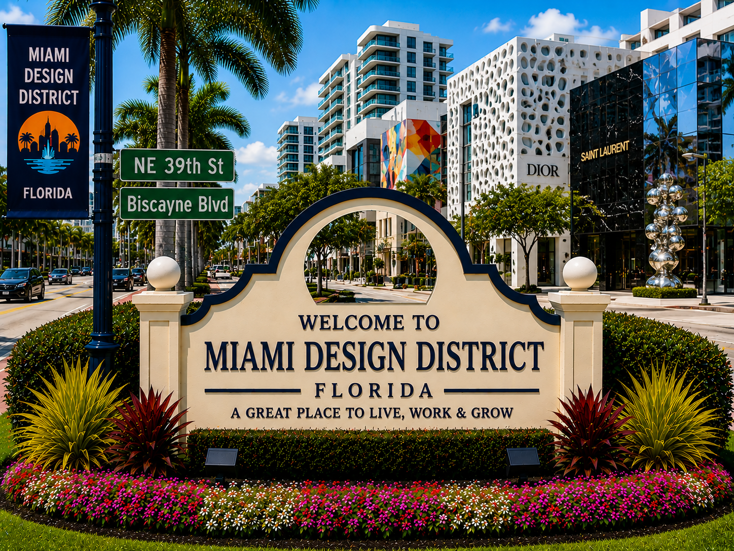 Miami Design District luxury real estate, upscale condominiums, designer retail district, modern architecture, luxury urban living, and Miami neighborhood during daytime