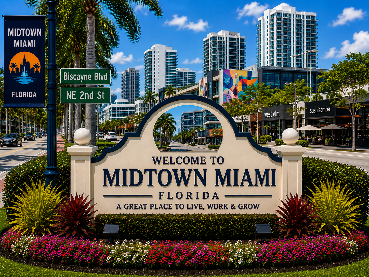Midtown Miami luxury real estate, modern condominiums, upscale urban residences, mixed-use retail district, trendy Miami neighborhood, and city living during daytime