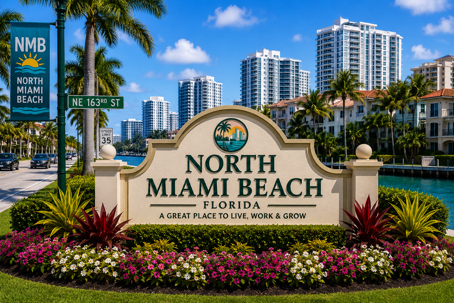 North Miami Beach luxury waterfront real estate, condominiums, upscale homes, tropical residential living, and Miami neighborhood during daytime