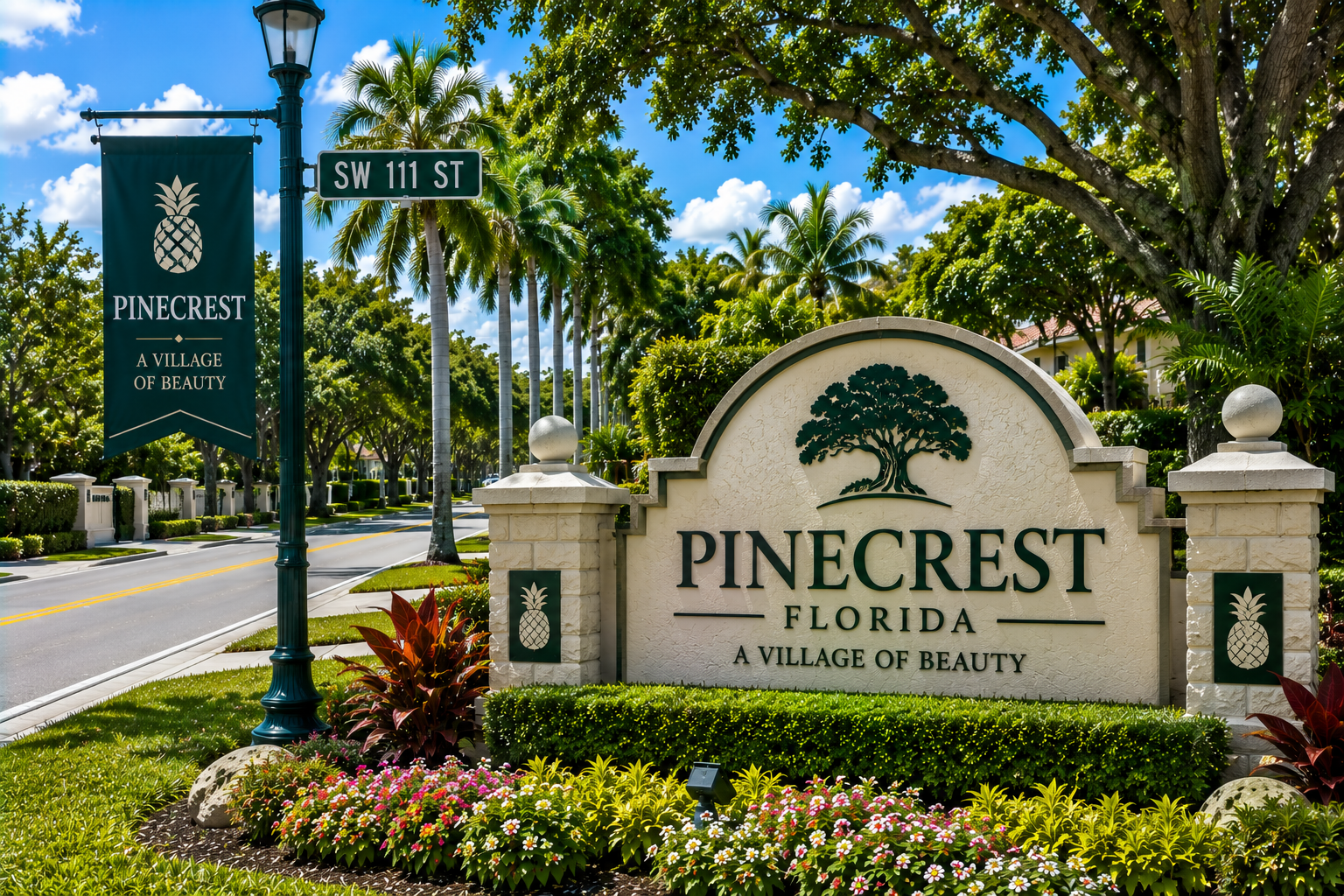 Pinecrest Miami luxury residential real estate, estate homes, upscale suburban living, and tree-lined neighborhood during daytime
