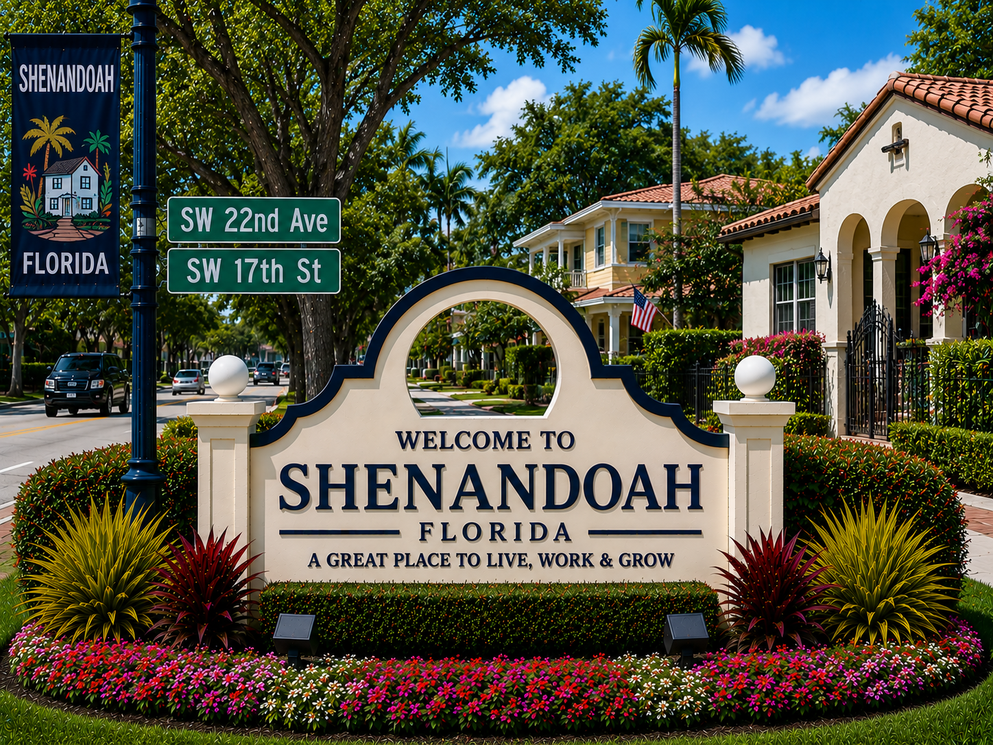 Shenandoah Miami real estate, historic residential homes, elegant tree-lined streets, central Miami neighborhood, charming residential living, homes for sale, and Miami lifestyle during daytime