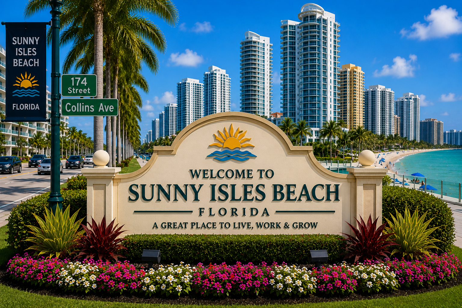 Sunny Isles Beach Miami luxury oceanfront real estate, beachfront condominiums, upscale coastal homes, tropical waterfront living, and Miami neighborhood during daytime