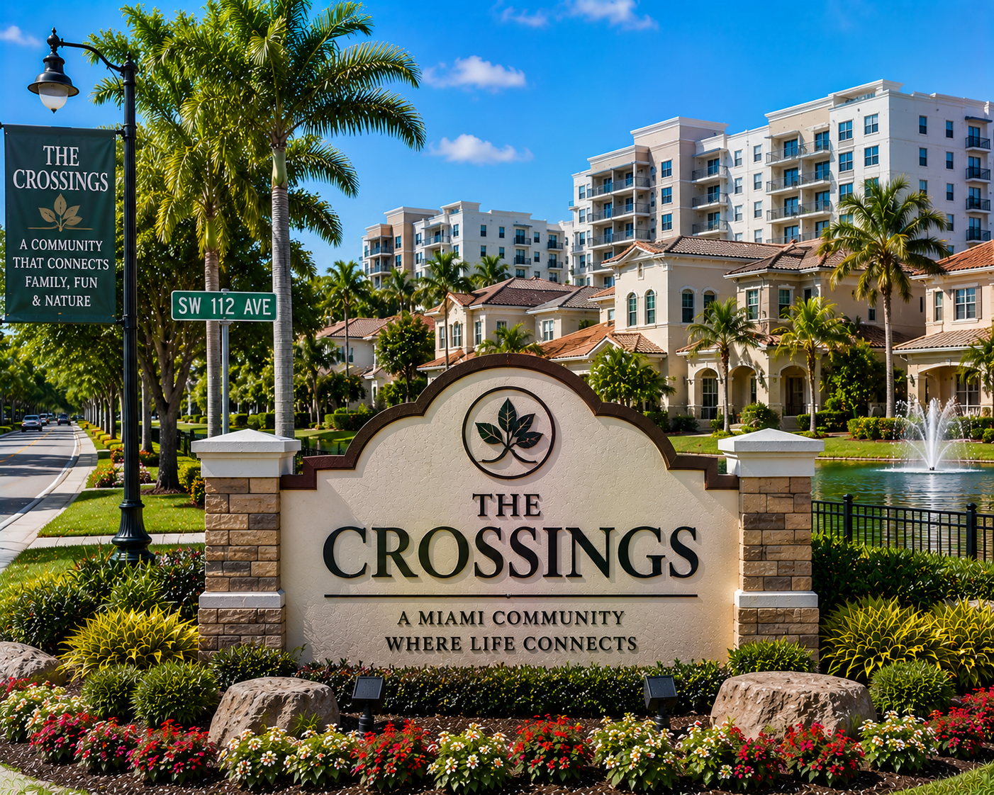 The Crossings Miami residential real estate, homes, apartments, lakeside community, and suburban living during daytime